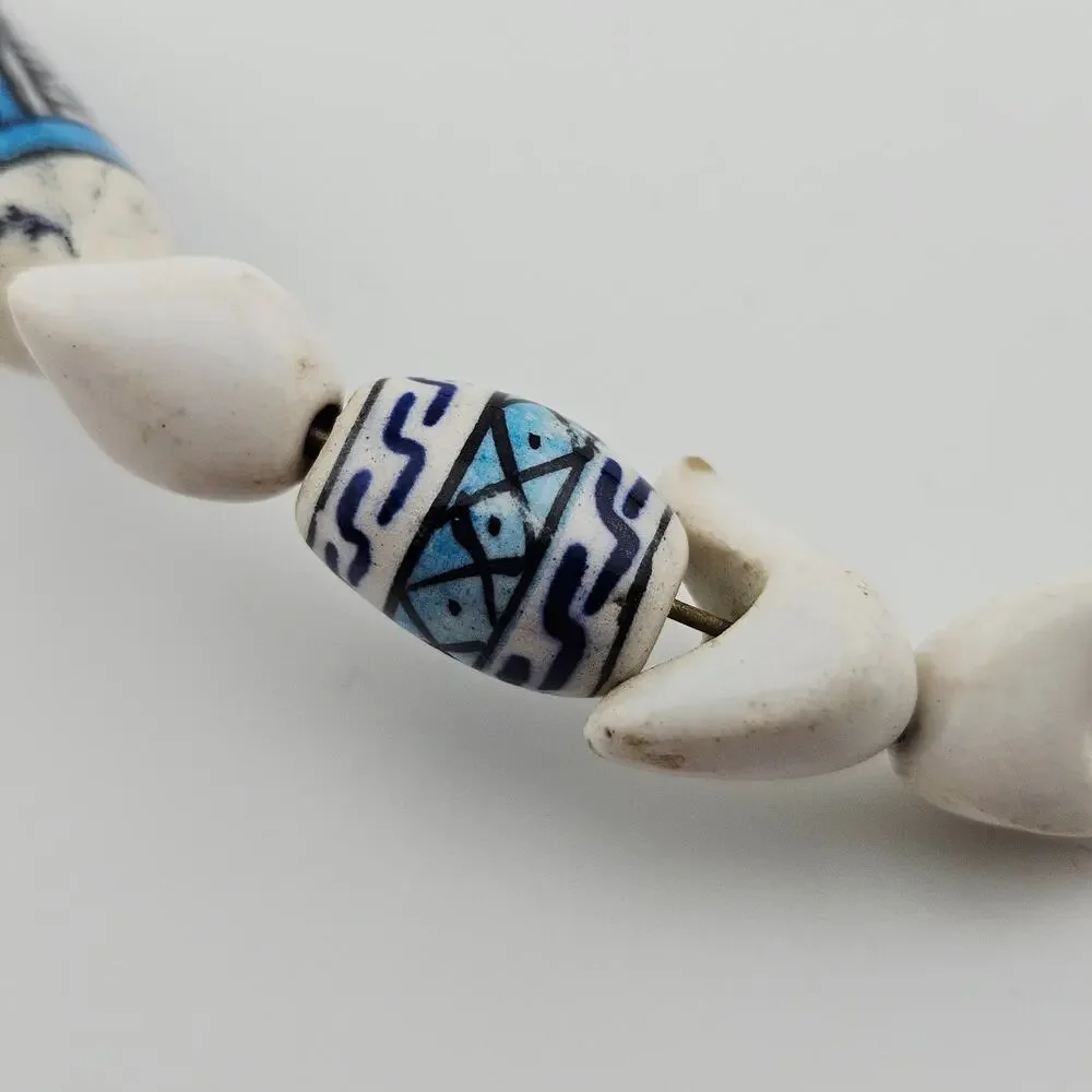Vintage Painted Bead Shell Necklace On Woven Cord Black White Islander Surfer